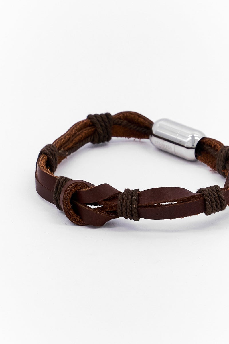 Steeltime Men Genuine Leather Bracelet Stainless Steel With Magnetic Closure, Brown - Image 3